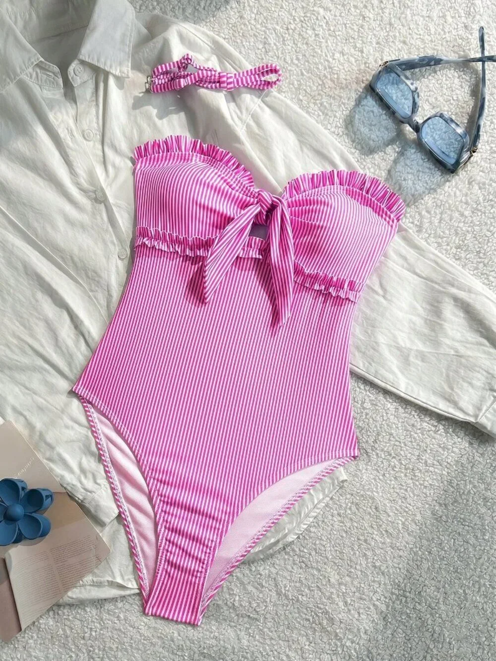 Pink Casual Women's Sexy Striped Lace Ruffle Bust Bow One-Piece Swimsuit